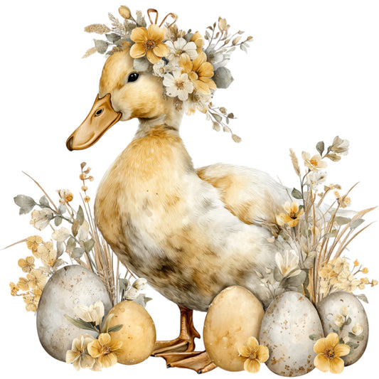 cream duck, golden yellow, soft beige, taupe, pale yellow, floral, botanical, farm animal, duck, waterfowl, eggs, spring, nature, vintage, whimsical, rustic, farmhouse, elegant, pastoral, daisy, wildflower, dried flowers, cottage core, Easter, nursery, baby, gentle, soft aesthetic, storybook illustration, watercolor style