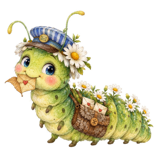 lime green, yellow-green, cream white, golden yellow, blue plaid, striped hat, caterpillar, whimsical, cute, playful, nature, insects, flowers, daisies, hearts, love letters, mail, wings, segmented body, charming, storybook, children's, fantasy, spring, summer, garden theme, cheerful, quirky, novelty print, detailed illustration