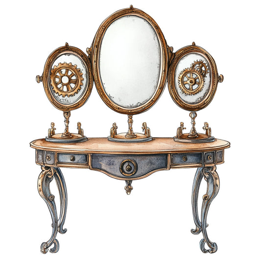steampunk, vintage mirrors, gears, bronze, gold, blue gray, antique vanity, industrial, elegant, Victorian, whimsical, decorative mirrors, ornate, dressing table, gearwork, mechanical, retro, nostalgic, fantasy, home decor, dresser design, mirror motif, antique brass, detailed ornamentation, timeless, classic, magical aesthetic