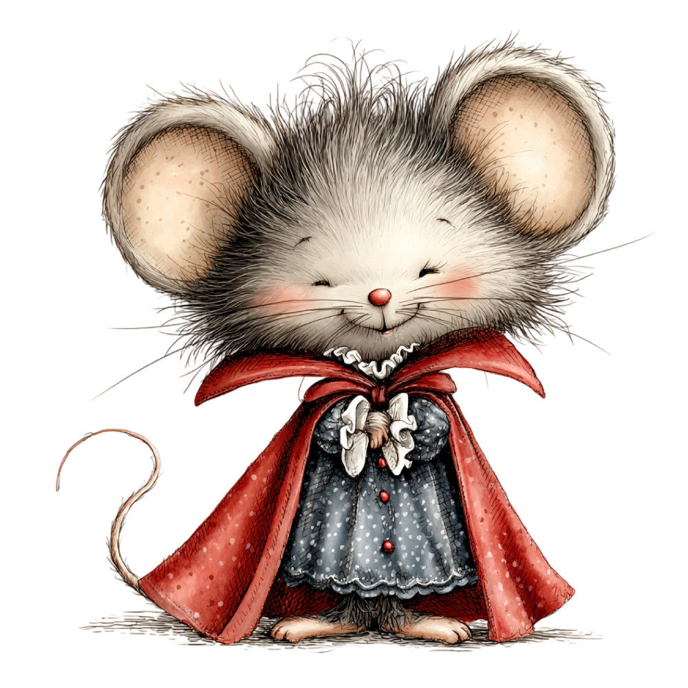 cute mouse, whimsical animals, red cape, storybook, children's illustration, woodland creatures, animal character, fancy mouse, dressed animal, red bow, vintage storybook, nursery, baby quilt, cream white, charcoal gray, deep red, festive, fairy tale, classic illustration, sweet animals, charming character, lace collar, elegant mouse, timeless, cottage style, enchanted, girl mouse, decorative panel, holiday-inspired