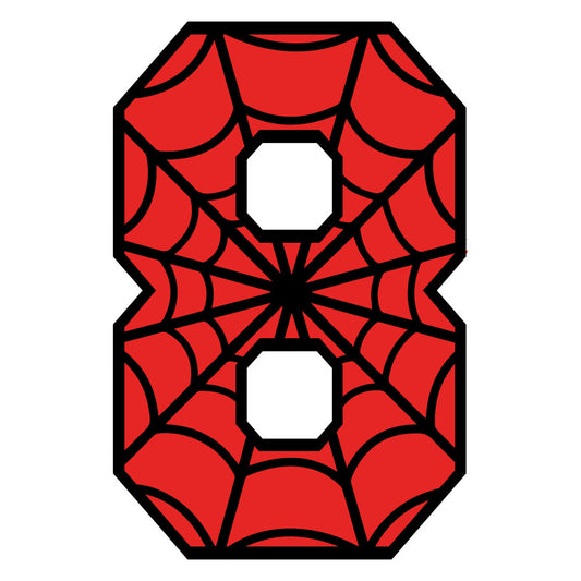 red, black, spider web, number eight, alphabet, superhero theme, geometric pattern, comic book style, fabric panel, quilting cotton, octagonal shape, web design, radial pattern, bold colors, children's fabric, novelty print, applique design, craft material, sewing panel, coordinating fabric