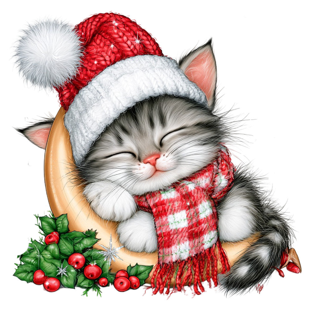 christmas cat, holiday kitten, festive feline, red and white, gray tabby, winter holiday, christmas themed, cute animals, whimsical cat, jolly kitten, santa hat, red scarf, holly berries, seasonal decoration, christmas stocking, playful, charming, festive cheer, striped scarf, snow white, forest green, bright red, cheerful, joyful, decorative, holiday spirit, winter celebration, cat lover, pet themed