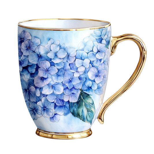 blue hydrangea, periwinkle blue, sky blue, light blue, floral pattern, flower design, hydrangea flowers, botanical, nature-inspired, vintage style, elegant, traditional, spring, summer, delicate florals, watercolor style, gold accents, gold trim, decorative, cottage style, garden flowers, romantic, feminine, classic design, white background, naturalistic, hand-painted look, teacup design, porcelain inspired