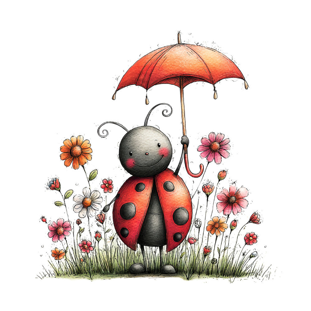ladybug, red, orange, coral pink, charming, whimsical, nature, flowers, floral, spring, summer, garden, insects, bugs, cute, children, kids, cheerful, playful, umbrella, daisies, cosmos, animal theme, nursery, baby, illustrated, storybook, sweet, bright colors