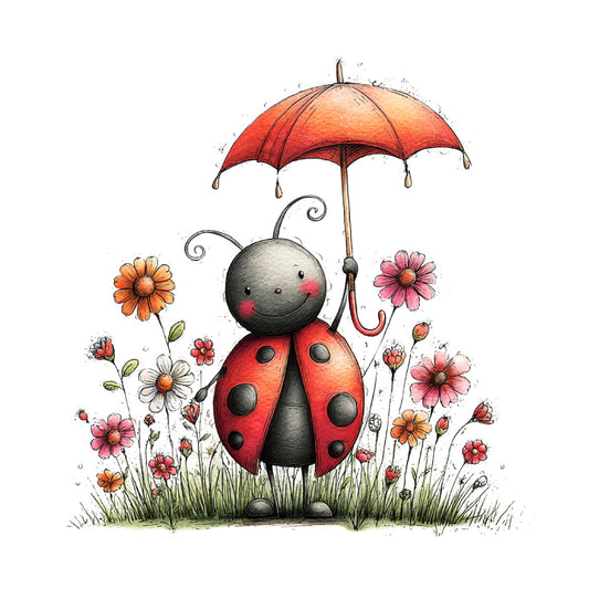 ladybug, red, orange, coral pink, charming, whimsical, nature, flowers, floral, spring, summer, garden, insects, bugs, cute, children, kids, cheerful, playful, umbrella, daisies, cosmos, animal theme, nursery, baby, illustrated, storybook, sweet, bright colors