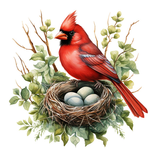 red cardinal, bird illustration, nest with eggs, blue eggs, botanical foliage, green leaves, brown twigs, watercolor style, nature scene, wildlife art, fabric panel, quilting cotton, spring theme, nesting bird, realistic rendering, soft colors, detailed artwork, ornithology design, craft fabric, sewing material