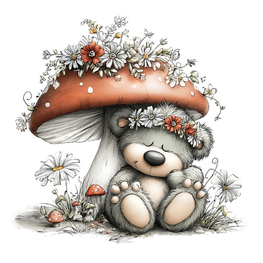 whimsical animals, cute bear, mushroom, red mushroom, daisies, white flowers, orange flowers, floral, nature, woodland, forest, soft gray, cream, rust red, terracotta, charming, storybook, children's, baby, sweet, gentle, spring, summer, garden, botanical, cottage core, fairy tale, decorative panel, wall hanging, nursery