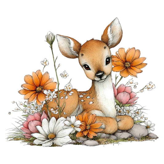 deer, fawn, woodland animals, floral, flowers, daisies, cosmos, orange flowers, pink flowers, white flowers, nature, whimsical, sweet, gentle, soft, warm tones, tan, cream, white, coral orange, dusty rose, spring, summer, baby quilt, nursery, children's, cute animals, botanical, meadow, garden