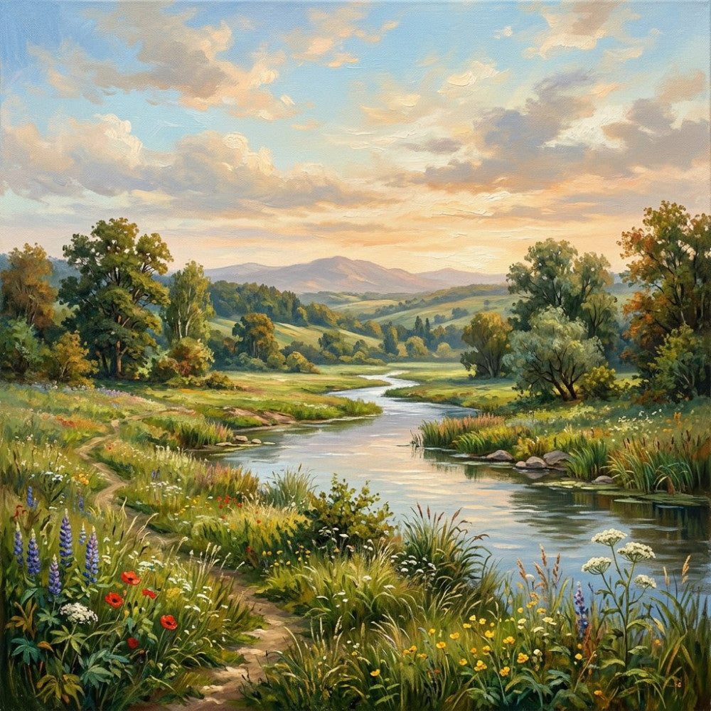 pastoral landscape, countryside scene, river valley, wildflower meadow, mountain view, rolling hills, scenic vista, nature landscape, spring flowers, summer landscape, blue lupines, red poppies, white flowers, yellow flowers, lush green, sage green, sky blue, cream clouds, golden light, trees, flowering plants, rustic, traditional, peaceful, serene, tranquil, scenic, botanical, floral border, wall hanging