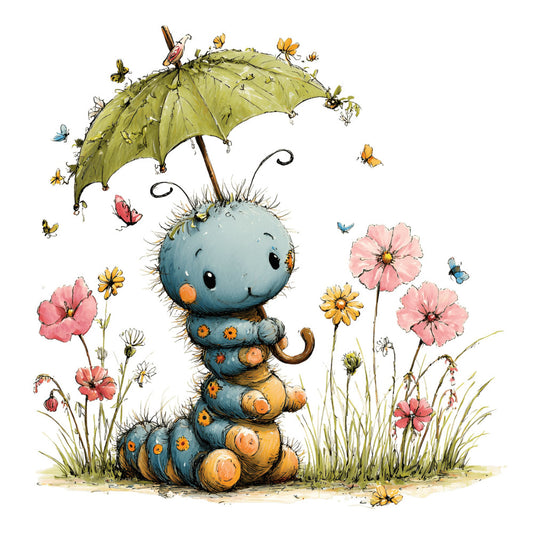 whimsical, blue, sage green, coral pink, dusty rose, yellow, caterpillar, insects, butterflies, flowers, nature, spring, sweet, cute, charming, children's, baby, storybook, woodland, garden, daisy, cosmos, soft, gentle, playful, illustration, animal characters, pastoral, enchanting