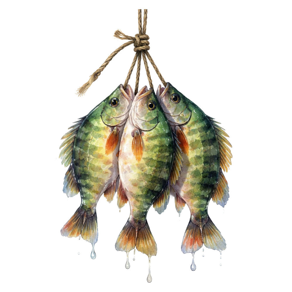 fish, caught fish, fishing, green, olive green, yellow-green, gold, orange, rust, cream, white, nature, nautical, coastal, whimsical, vintage, rustic, elegant, watercolor, illustration, fresh catch, fisherman, country, farmhouse, animal, fish bundle, hanging decoration, home decor, spring, summer