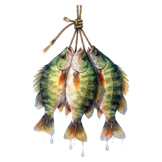 fish, caught fish, fishing, green, olive green, yellow-green, gold, orange, rust, cream, white, nature, nautical, coastal, whimsical, vintage, rustic, elegant, watercolor, illustration, fresh catch, fisherman, country, farmhouse, animal, fish bundle, hanging decoration, home decor, spring, summer