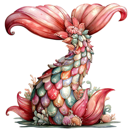 mermaid tail, coral pink, dusty rose, seafoam green, cream, lavender, whimsical, fantasy, magical, mermaid, scales, ocean-inspired, nautical, iridescent, shell motifs, seaweed, flowing, ethereal, storybook, children's, whimsical creatures, pastel colors, fairy tale, decorative, wall hanging, art panel, enchanted, coastal, marine life, spring