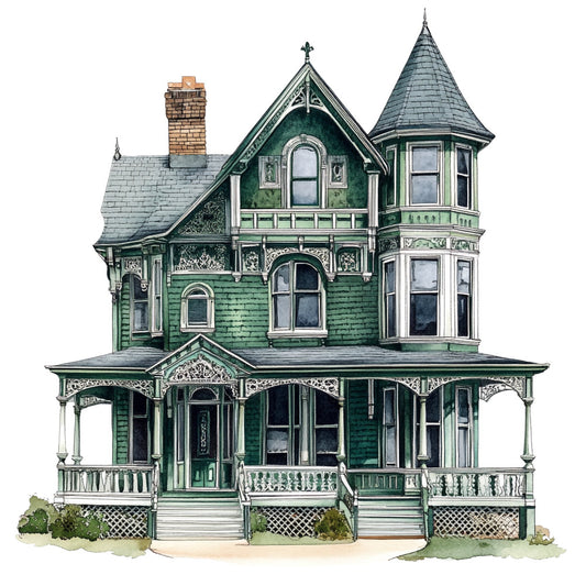 victorian house, architectural, green and white, forest green, cream, charcoal gray, brick red, vintage architecture, cottage, historic home, detailed illustration, ornate, elegant, traditional, classic americana, nostalgic, heritage, gingerbread trim, turret tower, wrap-around porch, americana, home decor, building illustration, decorative arts, timeless design, heirloom, storybook, whimsical architecture