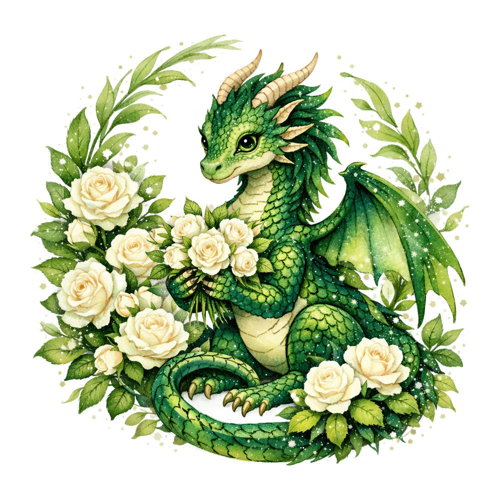 forest green, cream, pale yellow, chartreuse, sage green, dragon, fantasy, whimsical, elegant, nature, floral, roses, leaves, magical, celestial, fairy tale, botanical, ornamental, decorative, springtime, summer, romantic, traditional, enchanted, mythical creature, horned dragon, climbing vine, garden theme, nature-inspired