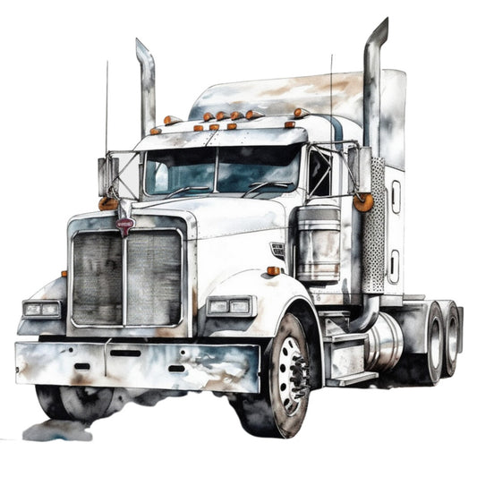 watercolor style, semi truck, white truck, gray tones, orange accents, transportation theme, vehicle illustration, masculine design, fabric panel, quilting cotton, realistic artwork, trucker theme, commercial vehicle, detailed illustration, neutral colors, automotive design, painted effect, soft washes, industrial subject