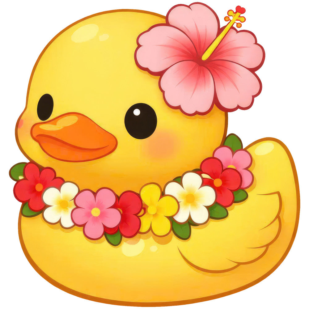 bright yellow, coral orange, hot pink, red, cream white, spring, floral, whimsical, cute, duckling, duck, animal, nature, cheerful, playful, baby, children, hibiscus flowers, flower garland, lei, tropical, fun, sweet, adorable, embellished, decorative, nursery, baby quilt, wall hanging, young girl