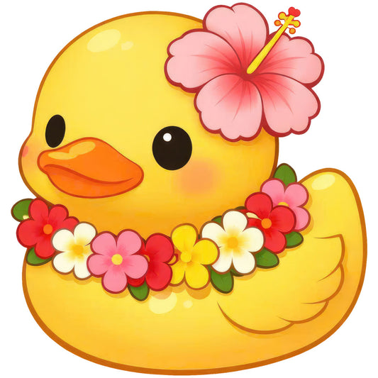 bright yellow, coral orange, hot pink, red, cream white, spring, floral, whimsical, cute, duckling, duck, animal, nature, cheerful, playful, baby, children, hibiscus flowers, flower garland, lei, tropical, fun, sweet, adorable, embellished, decorative, nursery, baby quilt, wall hanging, young girl