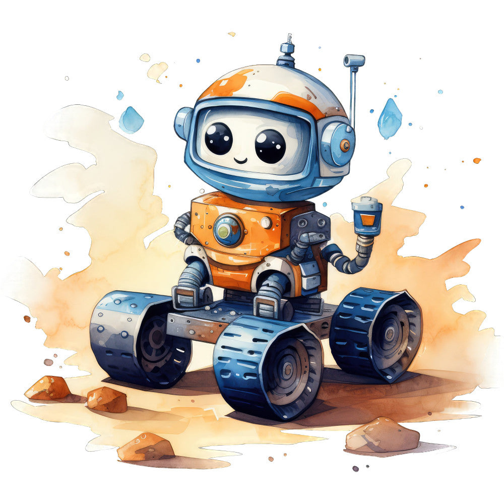 robot, space exploration, cute robot, orange and blue, navy blue, sky blue, cream, tan, sand, whimsical, modern, playful, children's, kids, cartoon robot, rover, wheels, astronaut, sci-fi, science fiction, futuristic, adventure, exploration, tech, mechanical, friendly character, splash watercolor, illustration art style, baby, nursery