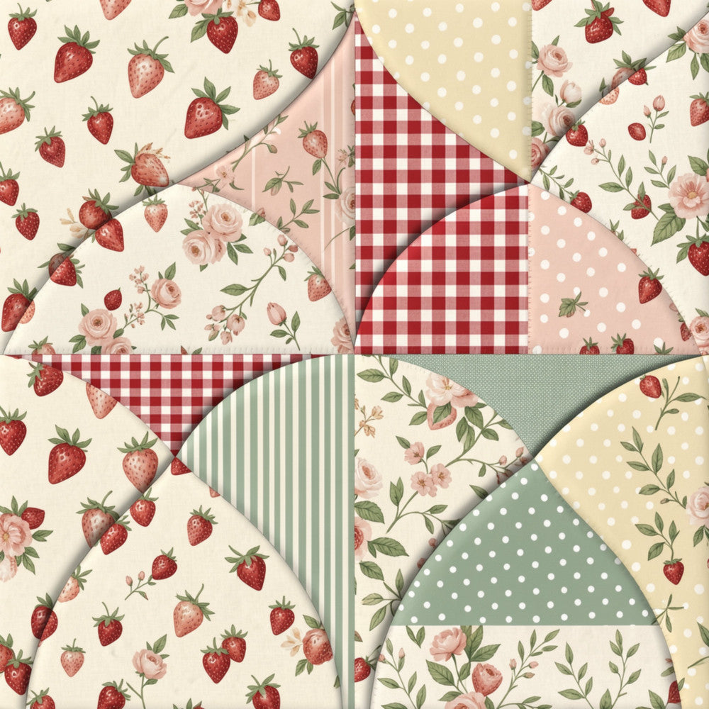 strawberry, floral, gingham, polka dot, striped, cream, red, dusty rose, sage green, vintage, cottage core, farmhouse, romantic, botanical, roses, berries, fruits, nature, spring, summer, traditional, elegant, country, gingham check, calico, coordinating prints, multi-pattern, patchwork, garden, botanical florals