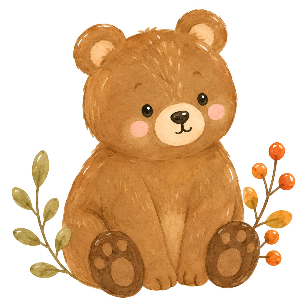 teddy bear, brown, tan, cream, beige, cute, whimsical, children, baby, animals, woodland, nature, autumn, fall, berries, leaves, botanical, paw prints, sweet, nursery, playroom, gender neutral, illustration, storybook, cozy, warm tones, baby quilt, wall hanging, kids fabric, adorable