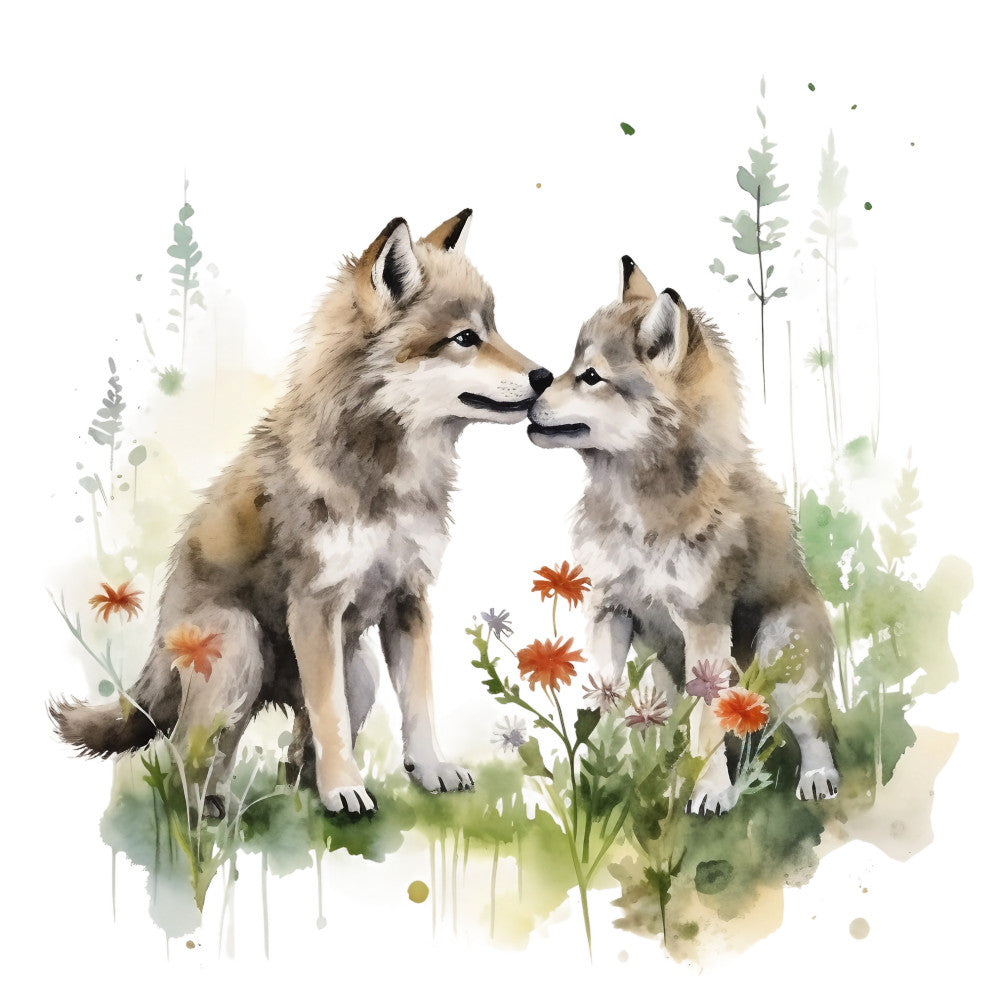wolves, wolf cubs, watercolor style, gray fur, brown tones, orange flowers, green foliage, wildflowers, nature scene, soft pastels, fabric panel, quilting cotton, woodland animals, whimsical art, botanical elements, gentle mood, earth tones, meadow setting, artistic splashes, wildlife design