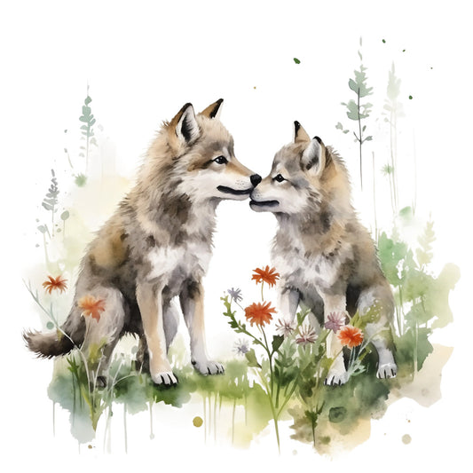 wolves, wolf cubs, watercolor style, gray fur, brown tones, orange flowers, green foliage, wildflowers, nature scene, soft pastels, fabric panel, quilting cotton, woodland animals, whimsical art, botanical elements, gentle mood, earth tones, meadow setting, artistic splashes, wildlife design