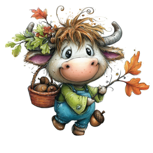 autumn cow, fall harvest, whimsical animals, cute cow, woodland creatures, rustic farmhouse, seasonal harvest, orange leaves, brown acorns, blue overalls, green shirt, charming character, nature themed, folk art style, cottage core, farm animals, country style, fall decorations, children's illustration, storybook art, pastoral theme, harvest season, whimsy, sweet character design, animal portrait, autumn colors, warm earth tones, decorative motif, vintage inspired, cozy farmhouse