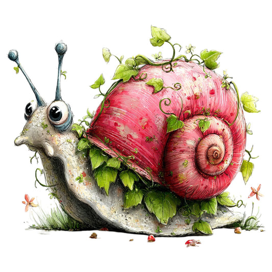 snail, garden snail, whimsical animals, nature, botanical, hop flowers, pink snail, coral pink, sage green, cream, beige, ivory, floral vines, curling vines, spring, garden theme, woodland creatures, illustrated animals, storybook, children's, playful, whimsical style, rustic charm, nature lovers, bug and insect, detailed illustration, quirky characters, cottage core, enchanted garden, fantasy illustration