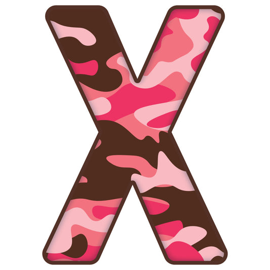 hot pink, chocolate brown, light pink, coral pink, camo pattern, camouflage, abstract, modern, bold, geometric, playful, contemporary, whimsical, letter x, alphabet, typography, animal print, mixed pattern, vibrant, colorful, feminine, trendy, casual, fun, youth, kids, nursery, wall hanging, home decor, statement piece