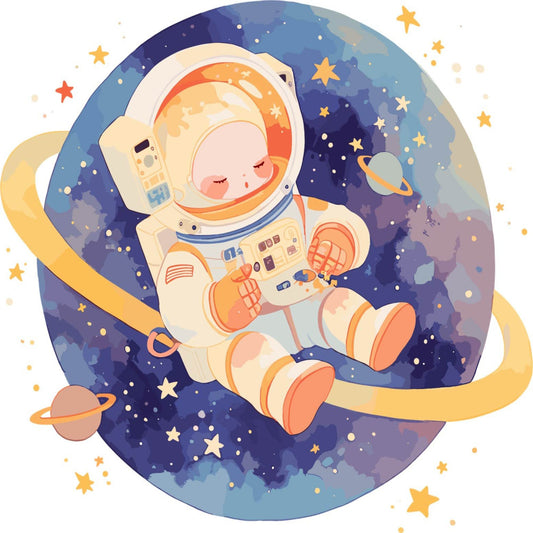 celestial, space, astronaut, stars, planets, navy blue, cream, coral orange, whimsical, dreamy, cosmic, galaxy, adventure, exploration, baby, nursery, children's, moon, saturn, sleeping astronaut, gold accents, night sky, space themed, cute, playful, modern, illustrated, fantasy, bedtime story