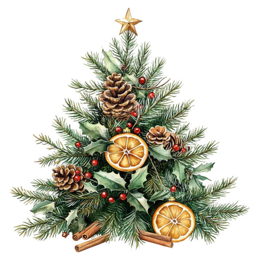 christmas tree, holiday, festive, evergreen, pinecones, cinnamon sticks, dried oranges, citrus, holly berries, red berries, gold star, botanical, nature, traditional, vintage, elegant, rustic, natural, forest green, cream, warm gold, orange slices, decorative ornaments, seasonal, winter, christmas decoration, natural elements, classic holiday, botanical illustration