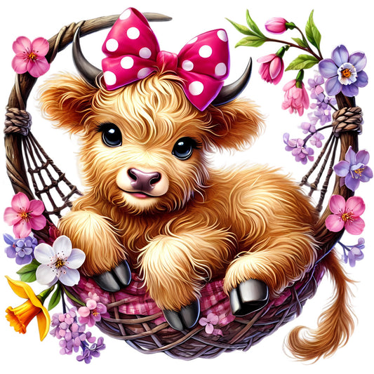 Springtime Highland Cows Fabric Panel 6 featuring a cute calf with a pink bow surrounded by vibrant spring flowers in a wicker basket.