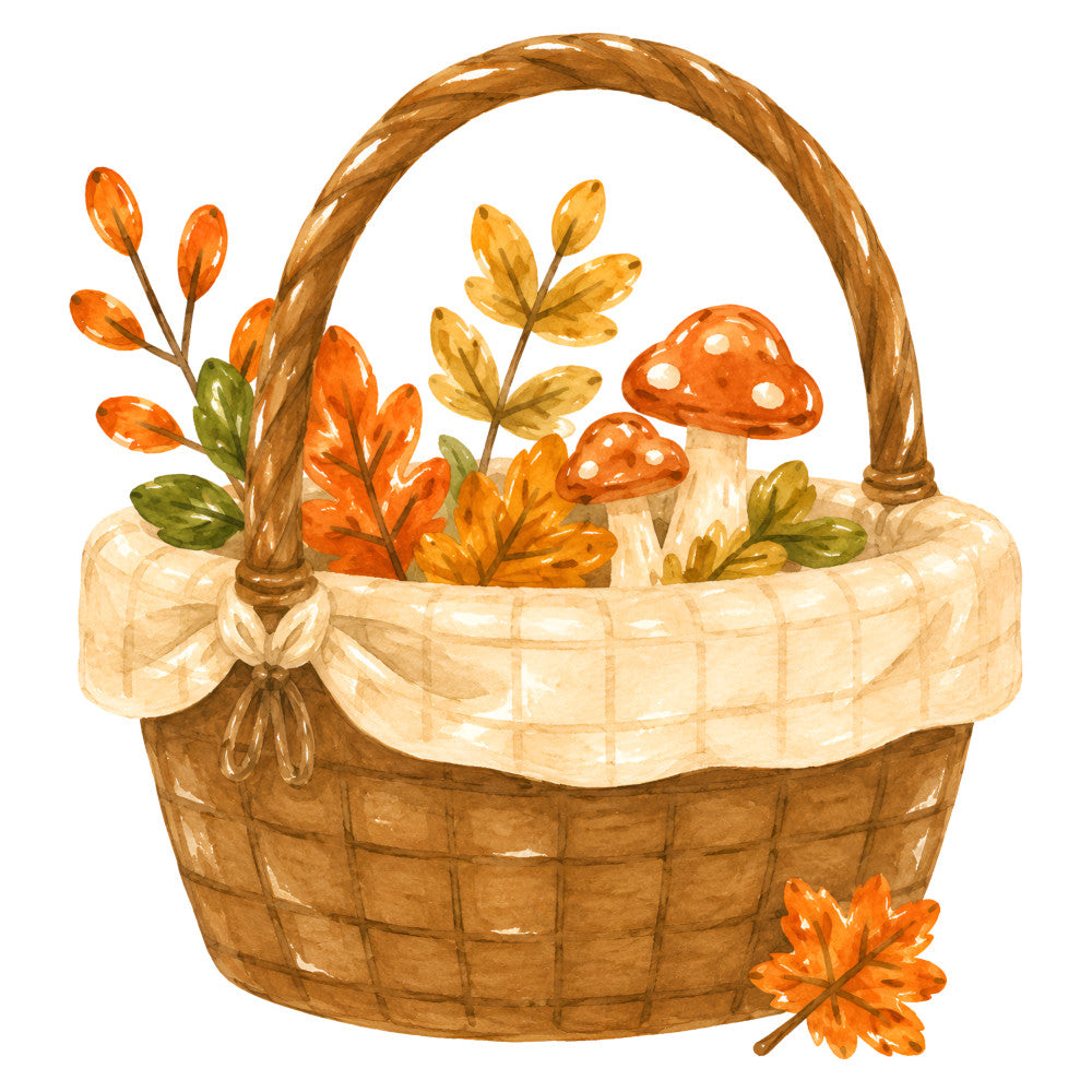autumn basket, fall harvest, orange, burnt orange, cream, tan, brown, rust, golden yellow, woodland, nature, rustic, whimsical, farmhouse, mushrooms, toadstools, fall foliage, leaves, berries, seasonal, autumn, harvest theme, cozy, traditional, cottage style, natural elements, botanical, decorative basket, autumn colors, fall décor