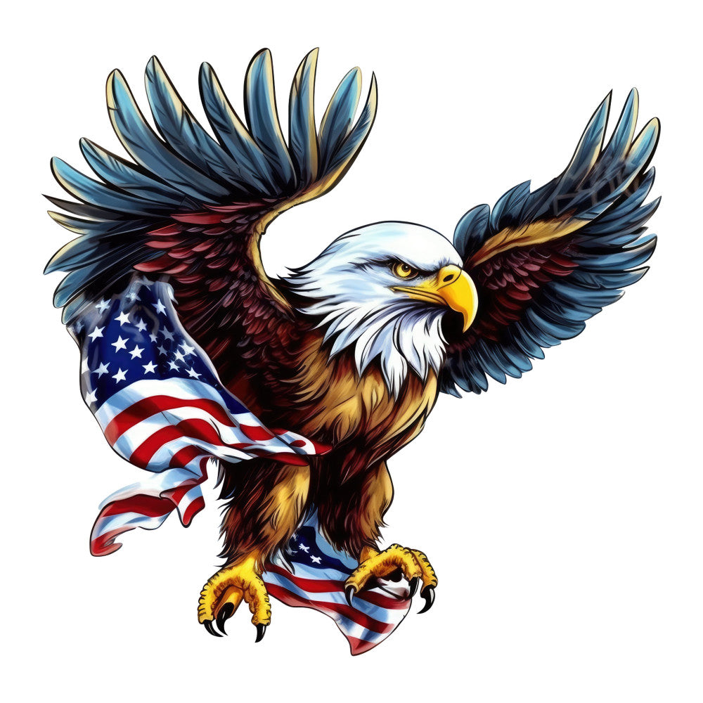 bald eagle, patriotic, american flag, red white and blue, navy blue, gold yellow, white, brown, wings, bird, stars and stripes, americana, liberty, independence day, fourth of july, symbolic, majestic, traditional, bold, statement print, eagle motif, patriotic theme, national pride, soaring bird, feathered wings, metallic gold accents, dramatic, powerful, heroic
