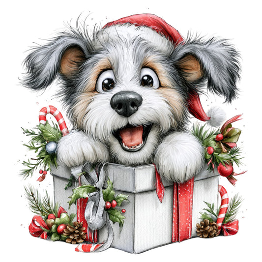 christmas dog, holiday puppy, festive animal, santa hat, red and white, cream white, gray, tan brown, candy cane, holly, pine cone, holly berries, gift box, ribbon bow, whimsical, cute, cheerful, christmas theme, winter holiday, seasonal, dog lover, pet themed, present design, decorative panel, wall art, festive decoration, happy expression