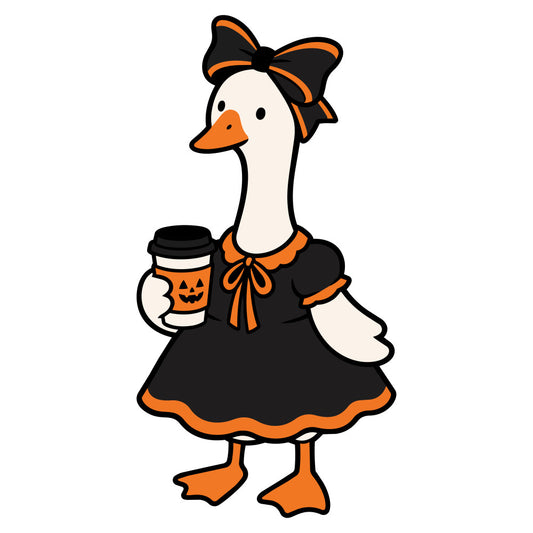 halloween, goose, duck, bird, autumn, fall, orange, black, cream, white, pumpkin, jack-o-lantern, coffee cup, bow, ribbon, whimsical, cute, festive, animal, poultry, seasonal, holiday, trick-or-treat, spooky, playful, charming, decoration, cottagecore, storybook, children's