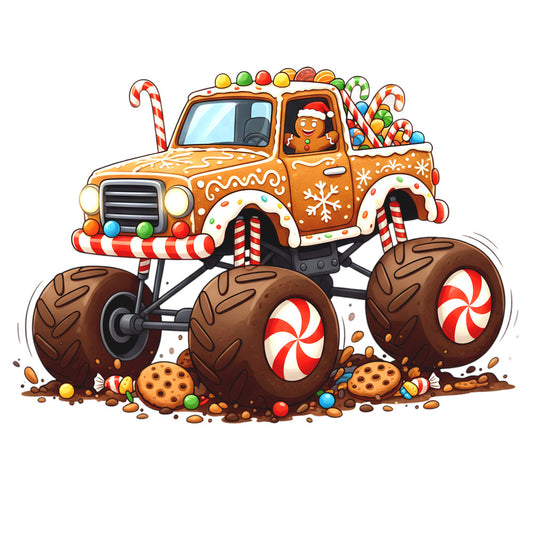 orange, brown, red, white, green, yellow, blue, gingerbread truck, monster truck, christmas lights, candy canes, peppermint wheels, gingerbread man, santa hat, snowflakes, icing decorations, colorful candies, cookies, cartoon style, whimsical, holiday theme, fabric panel, quilting cotton, festive design, sweet treats