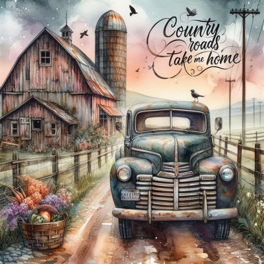 vintage truck, farmhouse, rustic, country roads, barn, silo, nostalgic, americana, pastoral, rural landscape, retro car, weathered, dusty blue, rust orange, sage green, cream, soft pink, birds, utility poles, fencing, wildflowers, baskets, autumn harvest, countryside, whimsical, traditional, home sweet home, decorative panel, wall art, cottage core