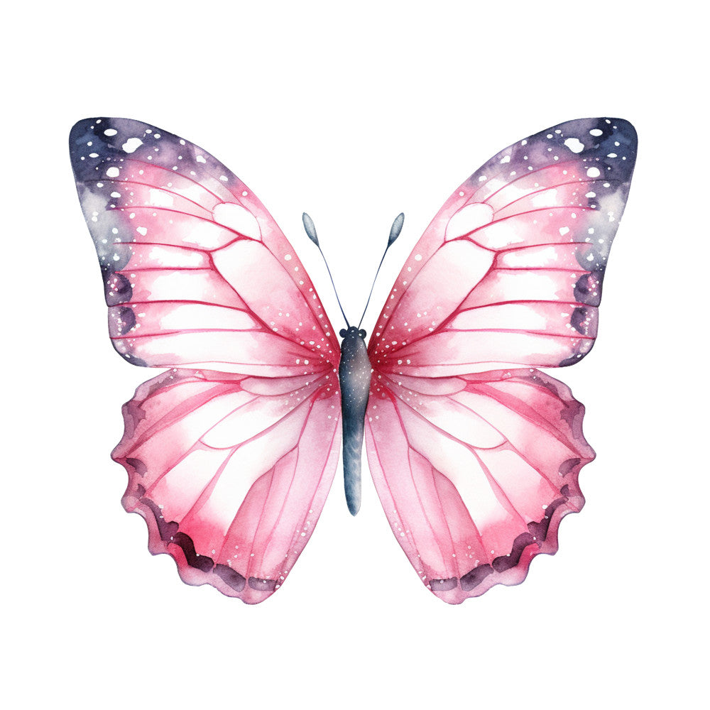 butterfly, pink wings, purple accents, galaxy pattern, watercolor style, breast cancer awareness, delicate illustration, fabric panel, quilting cotton, sparkly details, pastel colors, nature motif, feminine design, soft gradients, translucent wings, magical aesthetic, craft project, sewing panel, wing patterns, ethereal butterfly