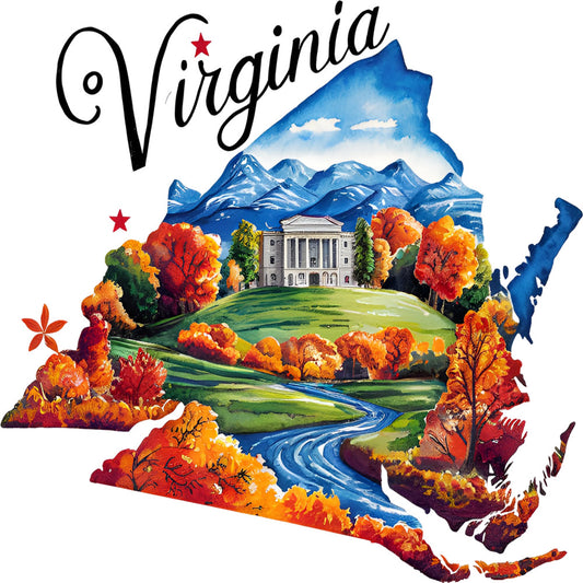 Classic US States Fabric Panel 42 featuring Virginia with vibrant autumn foliage, river, mountains, and historic mansion in quilting cotton print.