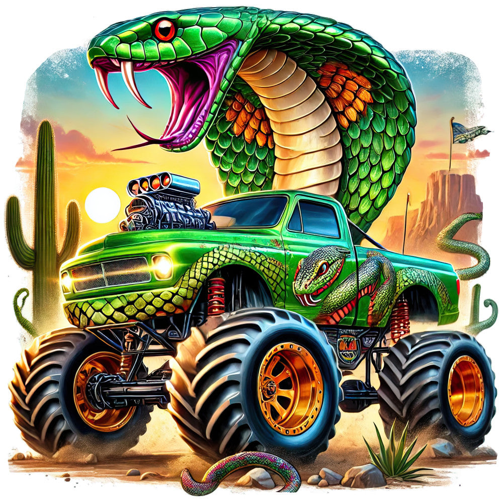 bright green, lime green, emerald green, orange, gold, yellow, red, magenta, purple, desert sunset, monster truck, snake, cobra, serpent, reptile, desert, western, southwestern, cactus, bold, vibrant, whimsical, novelty, automotive, vehicles, wild animal, high octane, graphic, illustrative, children's