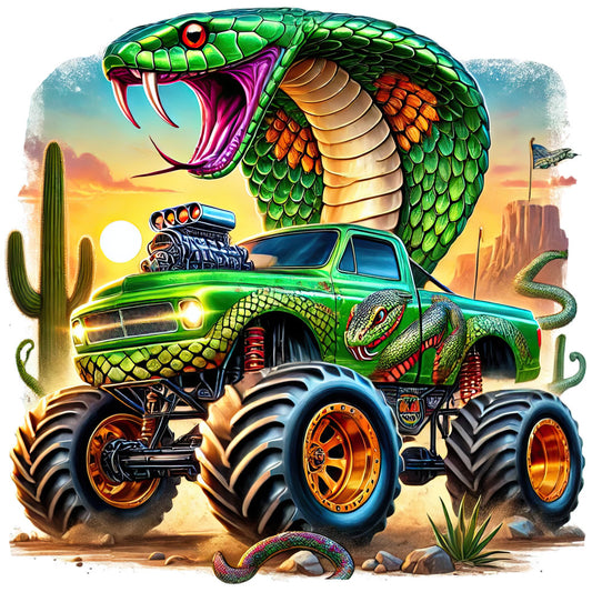 bright green, lime green, emerald green, orange, gold, yellow, red, magenta, purple, desert sunset, monster truck, snake, cobra, serpent, reptile, desert, western, southwestern, cactus, bold, vibrant, whimsical, novelty, automotive, vehicles, wild animal, high octane, graphic, illustrative, children's