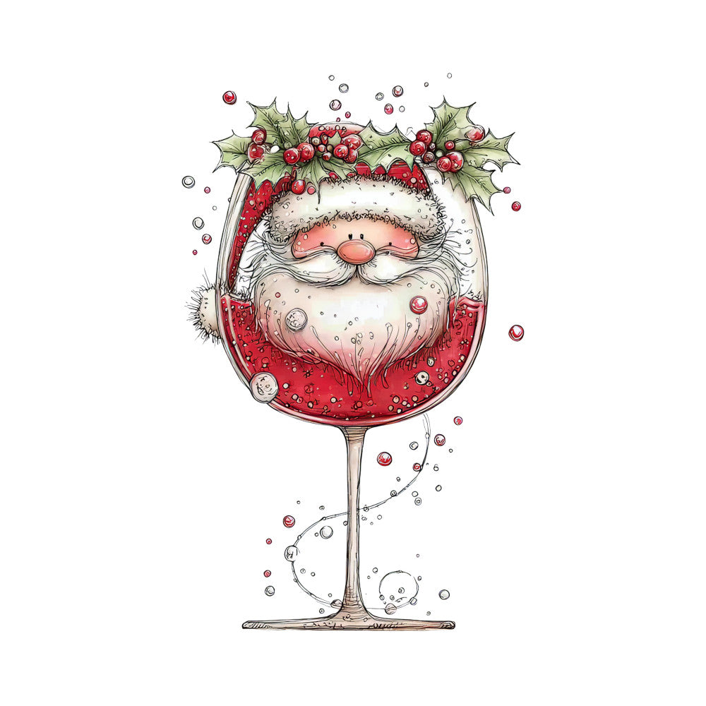 red wine, santa claus, wine glass, holly berries, green leaves, christmas cocktail, whimsical illustration, festive panel, holiday fabric, cartoon santa, bubbles, red liquid, christmas greenery, cheerful character, fabric panel, quilting cotton, seasonal design, winter theme, jolly santa, festive drinking
