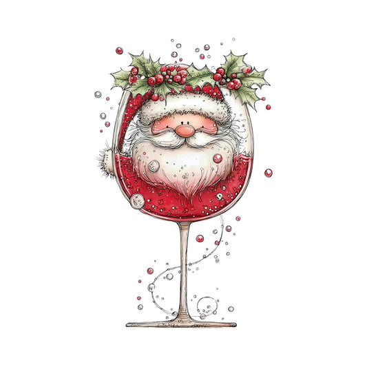 red wine, santa claus, wine glass, holly berries, green leaves, christmas cocktail, whimsical illustration, festive panel, holiday fabric, cartoon santa, bubbles, red liquid, christmas greenery, cheerful character, fabric panel, quilting cotton, seasonal design, winter theme, jolly santa, festive drinking