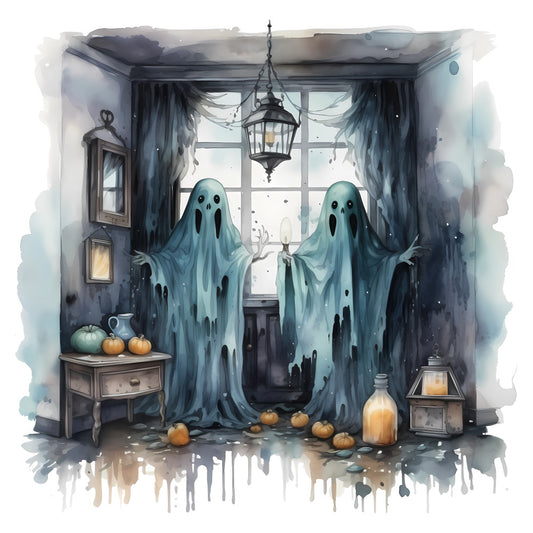 haunted house, ghosts, halloween, spooky, teal, dusty blue, charcoal gray, cream, pumpkins, lanterns, gothic, autumn, fall, whimsical, dark academia, mysterious, vintage, moody, supernatural, witchy, seasonal, wall hanging, decorative, haunted mansion, eerie, ethereal, classic halloween, trick or treat