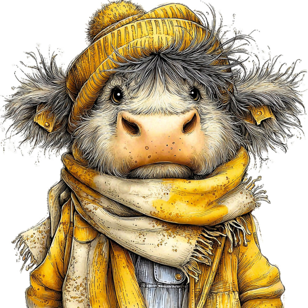 gold, cream, black, tan, beige, butter yellow, animal, yak, highland cattle, whimsical, character, portrait, rustic, farmhouse, folk art, vintage, hand-drawn, illustration, quirky, humorous, cute, woodland, highland, scarf, sweater, boho, bohemian, charming, artisanal, detailed