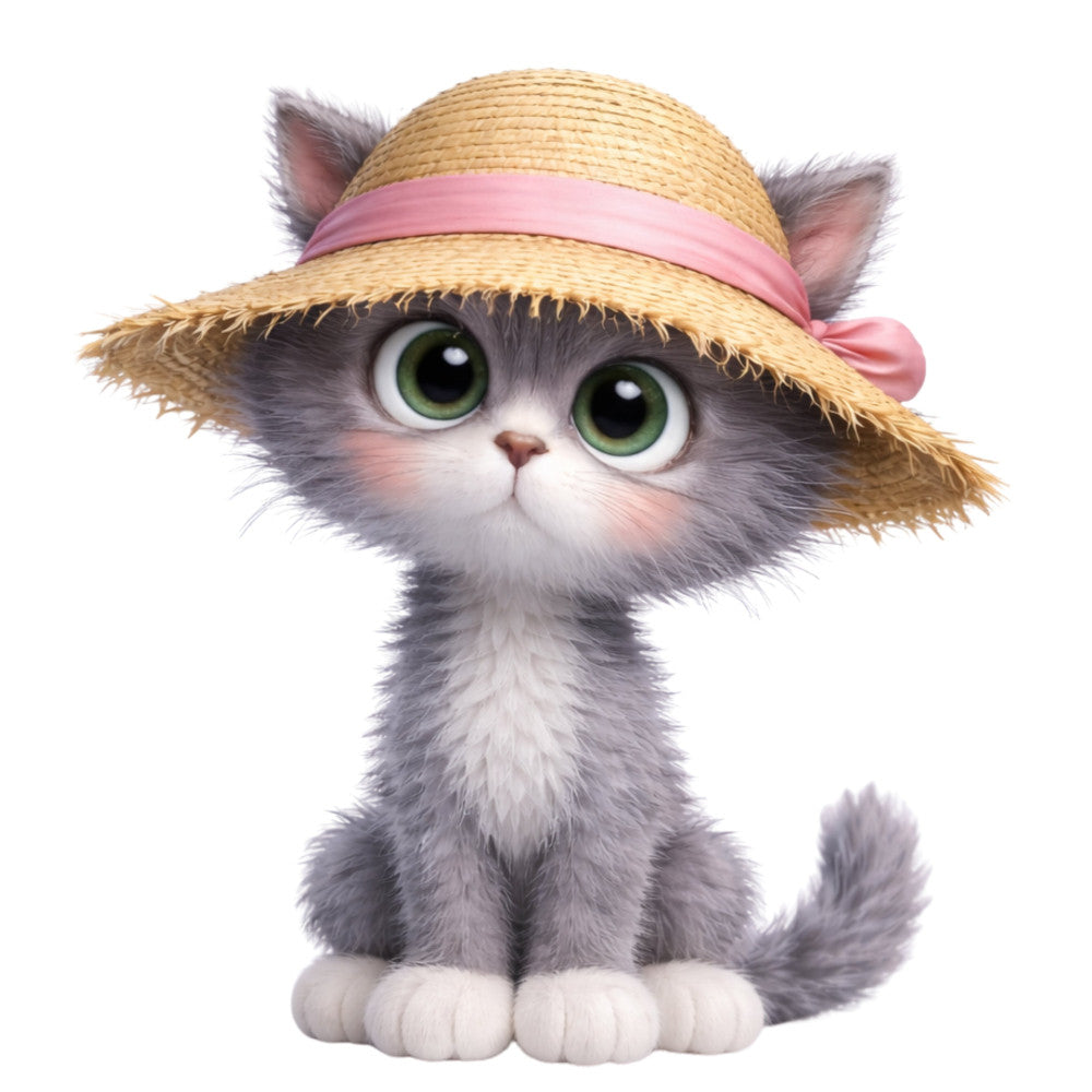 adorable cat, whimsical, straw hat, pink ribbon, green eyes, cute animals, kitten, playful, children's, baby, animal faces, spring, summer, cheerful, charming, illustrated animals, character panel, girl's fabric, novelty print, light gray, cream white, straw colored, pastel pink, big eyes, expressive, friendly, decorative panel