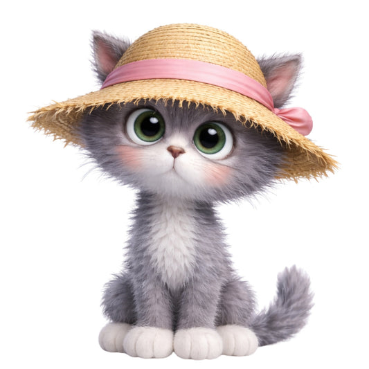 adorable cat, whimsical, straw hat, pink ribbon, green eyes, cute animals, kitten, playful, children's, baby, animal faces, spring, summer, cheerful, charming, illustrated animals, character panel, girl's fabric, novelty print, light gray, cream white, straw colored, pastel pink, big eyes, expressive, friendly, decorative panel
