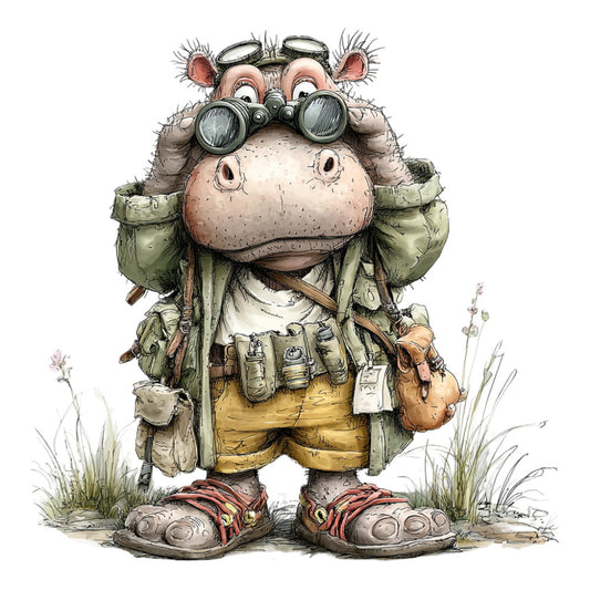 hippopotamus, hippo, explorer, adventure, safari, khaki, tan, olive green, sage green, cream, beige, rust red, whimsical, quirky, cartoon, character, animal, binoculars, backpack, outdoor gear, vintage explorer, steampunk, humorous, playful, children, kids, nature adventure, globe trotter, travel themed, botanical elements